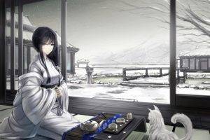 anime Girls, Original Characters, Japanese Clothes, Asian Architecture, Cat, Snow, Kimono, Winter, Black Hair, Japanese, Traditional Clothing
