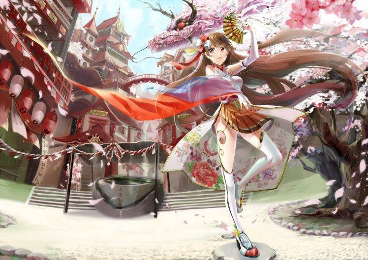 anime, Anime Girls, Asian Architecture, Dragon, Cherry Blossom, Original Characters, Skirt HD Wallpaper Desktop Background