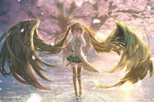 anime Girls, Vocaloid, Twintails, Hatsune Miku, Thigh highs, Skirt, Wings, Cherry Blossom, Closed Eyes