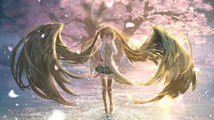 anime Girls, Vocaloid, Twintails, Hatsune Miku, Thigh highs, Skirt, Wings, Cherry Blossom, Closed Eyes HD Wallpaper Desktop Background