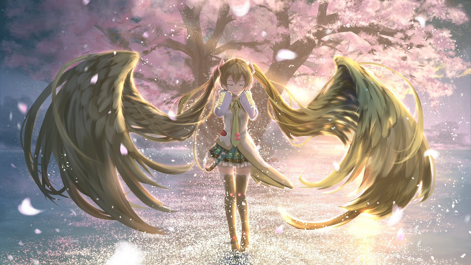 anime Girls, Vocaloid, Twintails, Hatsune Miku, Thigh highs, Skirt, Wings, Cherry Blossom, Closed Eyes Wallpaper