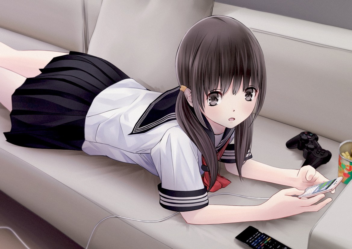 anime Girls, School Uniform, Controllers, Couch, Twintails, Original Characters, Laying On Stomach Wallpaper