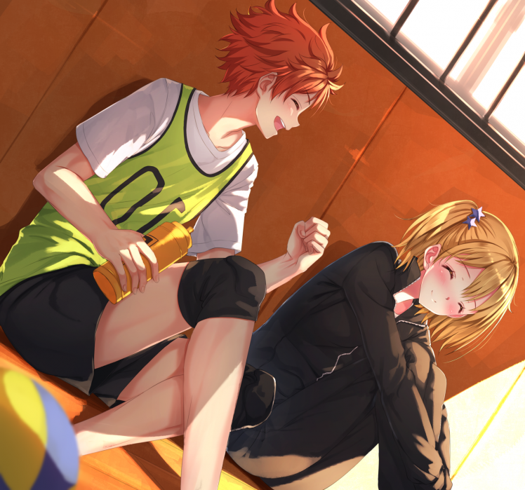 anime Boys, Anime Girls, Sitting, T shirt, Shorts, Haikyuu, Swordsouls, Hinata Shouyou, Yachi Hitoka HD Wallpaper Desktop Background