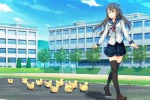 anime Girls, Sorairo Innocent, Visual Novel, Tsukigase Mahiru, Thigh highs, Duck, School Uniform, Closed Eyes