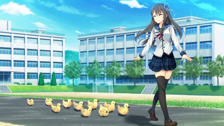 anime Girls, Sorairo Innocent, Visual Novel, Tsukigase Mahiru, Thigh highs, Duck, School Uniform, Closed Eyes HD Wallpaper Desktop Background