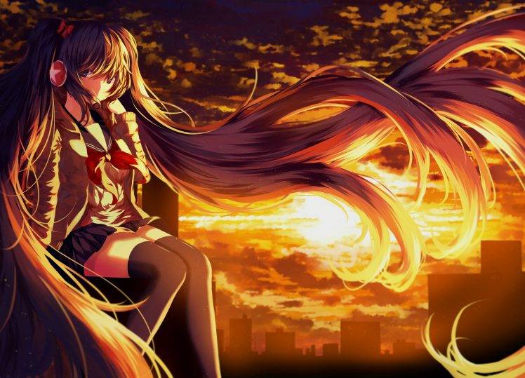 anime, Anime Girls, Hatsune Miku, Vocaloid, Sunset, Twintails, Thigh highs HD Wallpaper Desktop Background