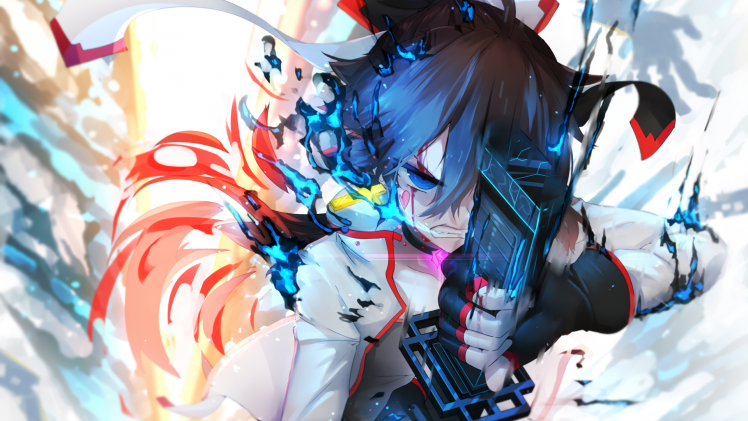 katana, Triangle, Original Characters, Blue Hair, Blue Eyes, Sword HD Wallpaper Desktop Background