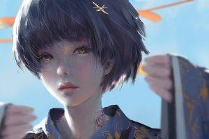 fantasy Art, Traditional Art, Japanese Clothes, Original Characters, Short Hair, Tattoo, Ghost Blade