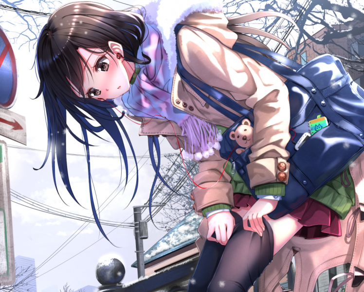 anime, Anime Girls, Thigh highs, Winter, Scarf, Snow, Original Characters, Swordsouls HD Wallpaper Desktop Background