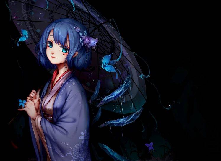 anime, Anime Girls, Umbrella, Blue Hair, Blue Eyes, Cirno, Touhou, Kimono HD Wallpaper Desktop Background