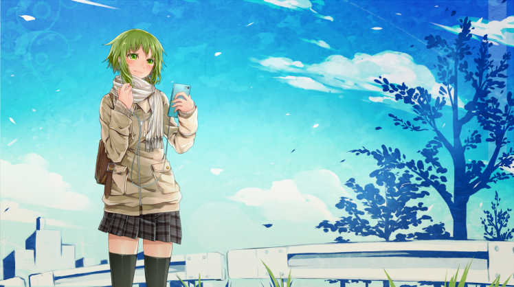 anime, Anime Girls, Thigh highs, Short Hair, Green Hair, Green Eyes, Cellphone, Vocaloid, Megpoid Gumi HD Wallpaper Desktop Background