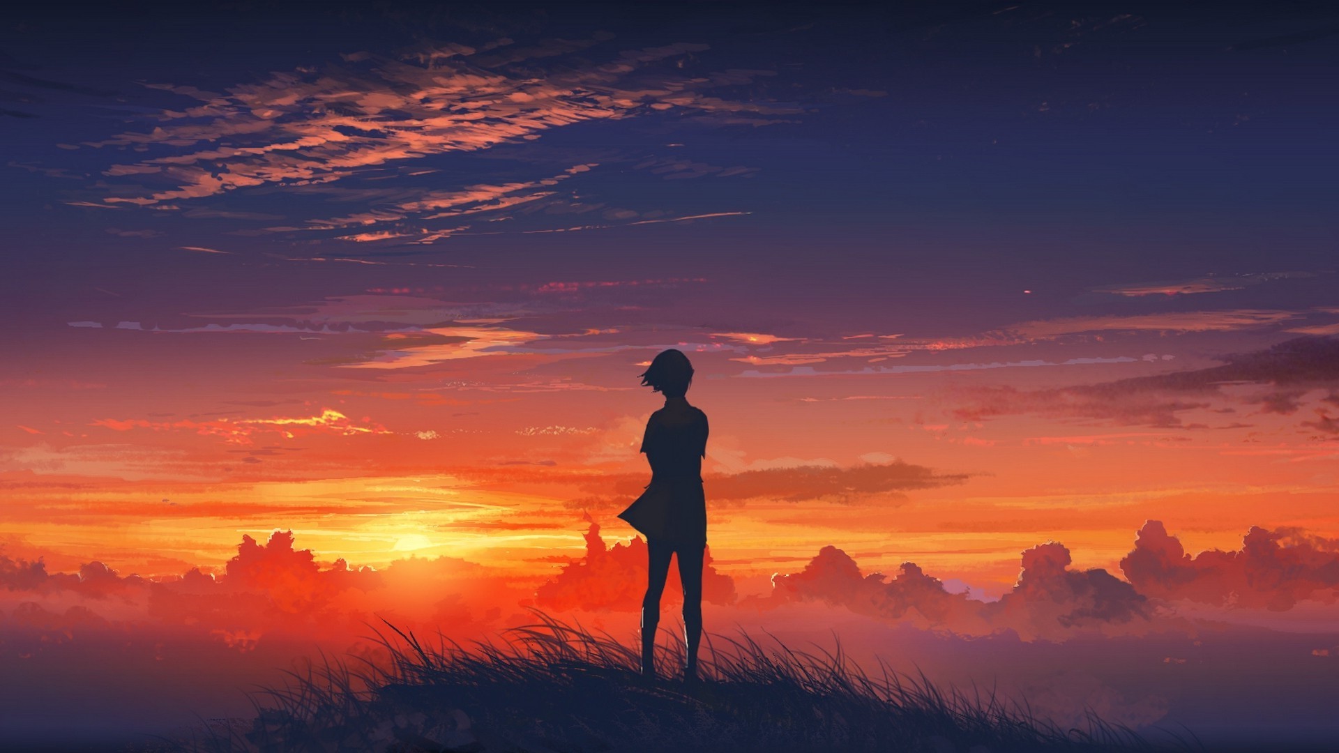 anime, Nature, Sunset, Sky, Der Wanderer über Dem ...
