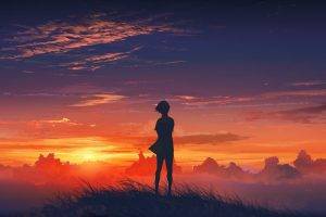 anime, Nature, Sunset, Sky, Der Wanderer über Dem Nebelmeer