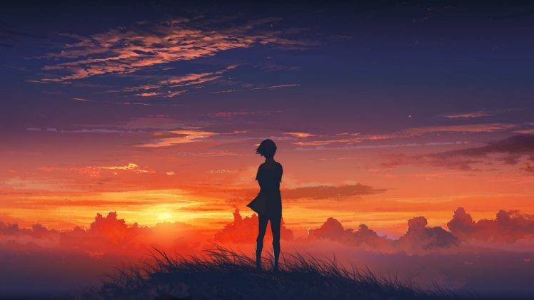 anime, Nature, Sunset, Sky, Der Wanderer über Dem Nebelmeer HD Wallpaper Desktop Background