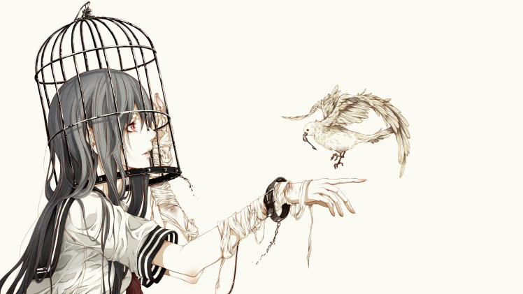 cages, Bandage, Anime Girls, School Uniform, Birdcage, Birds, Original Characters HD Wallpaper Desktop Background