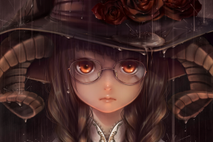 horns, Glasses, Anime Girls, Rain