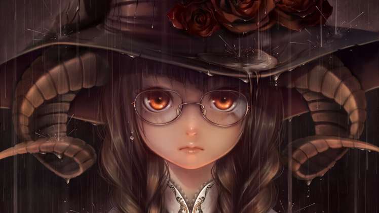 horns, Glasses, Anime Girls, Rain HD Wallpaper Desktop Background