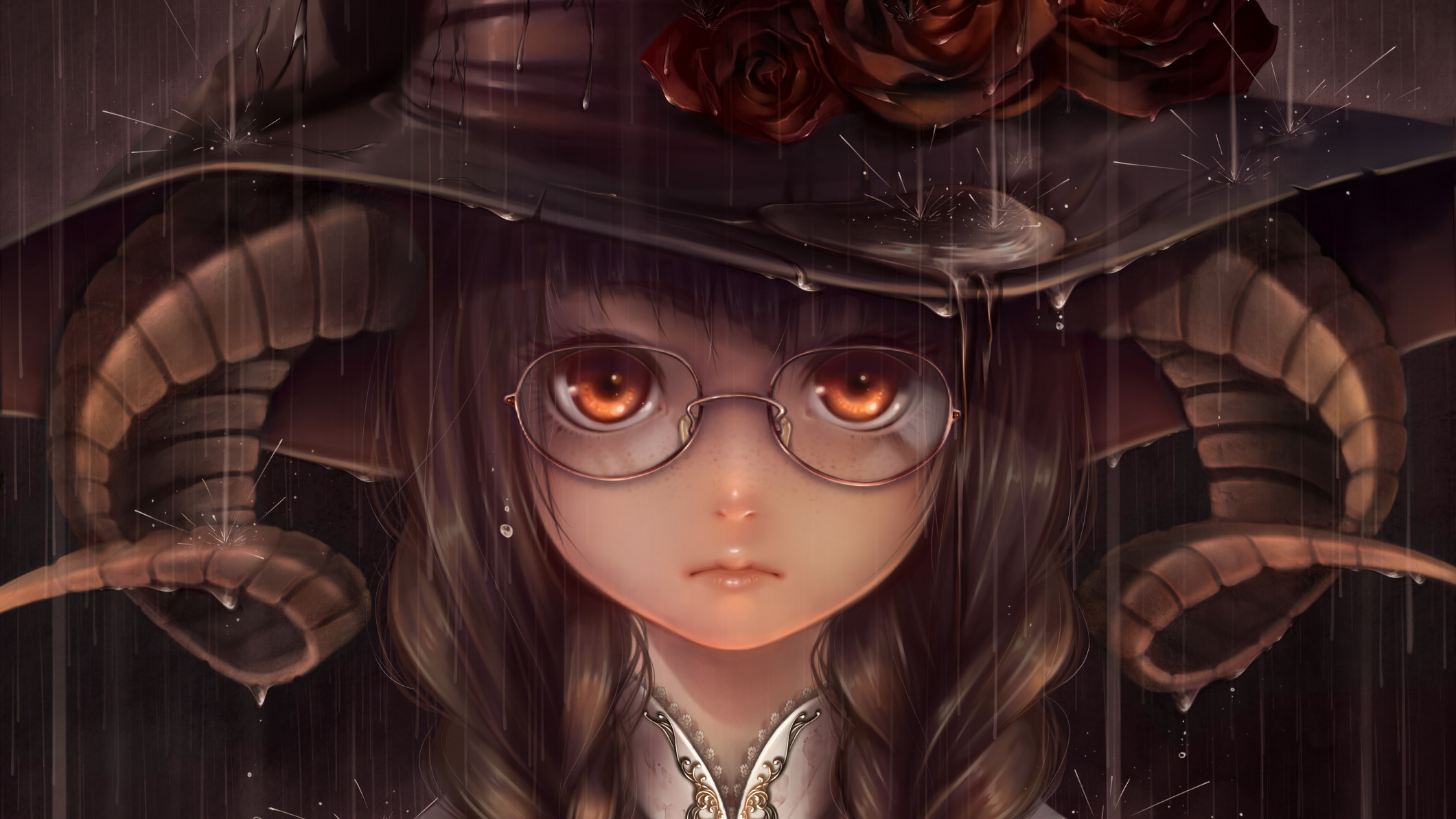 horns, Glasses, Anime Girls, Rain Wallpaper