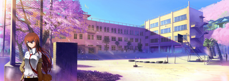 Makise Kurisu, Steins;Gate, School, Cherry Blossom, Clear Sky HD Wallpaper Desktop Background