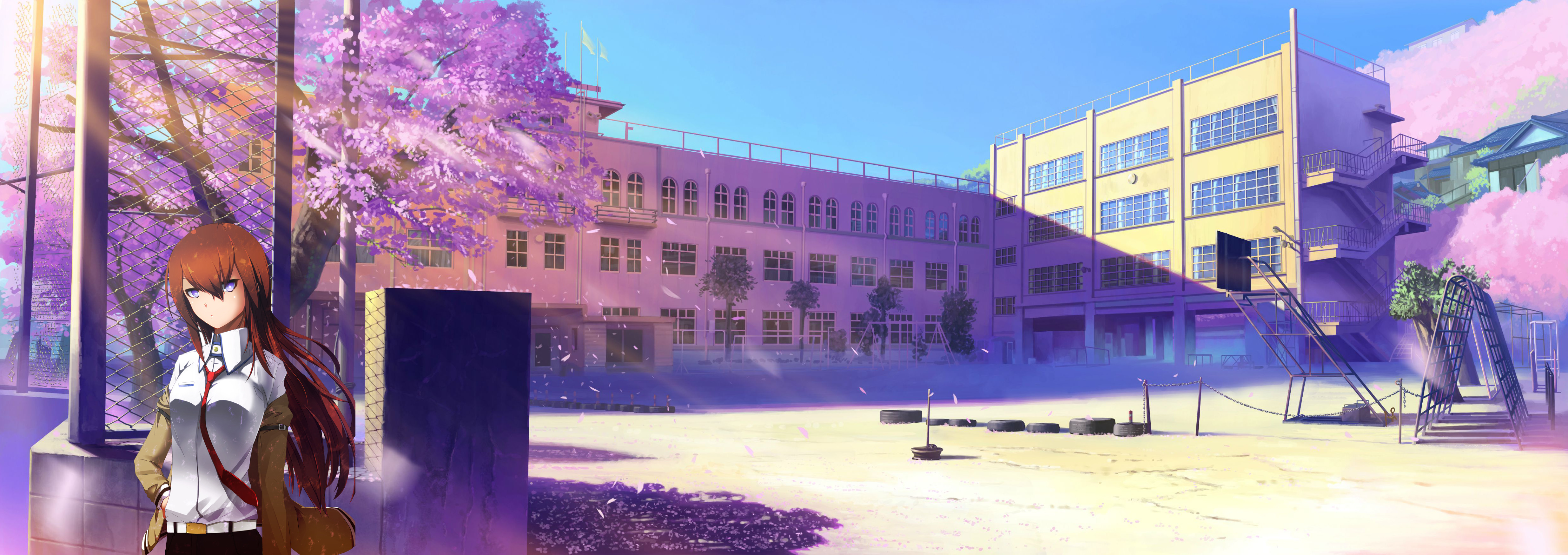 Makise Kurisu, Steins;Gate, School, Cherry Blossom, Clear Sky Wallpaper