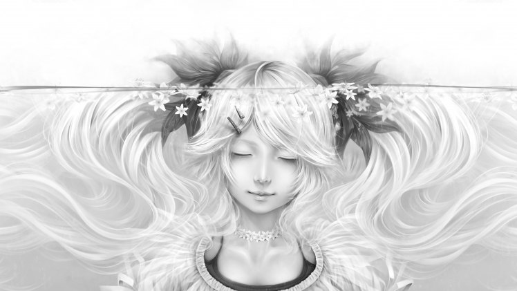 closed Eyes, Water, Anime Girls, Flowers, Smiling HD Wallpaper Desktop Background