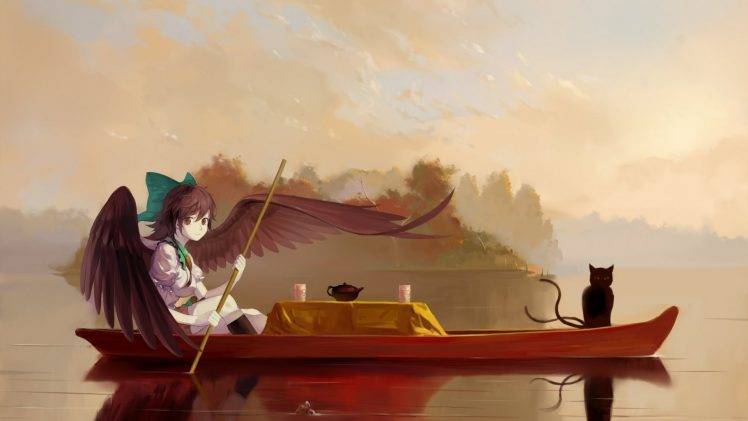 cat, Boat, Wings, River, Tea, Kaenbyou Rin, Reiuji Utsuho, Touhou HD Wallpaper Desktop Background