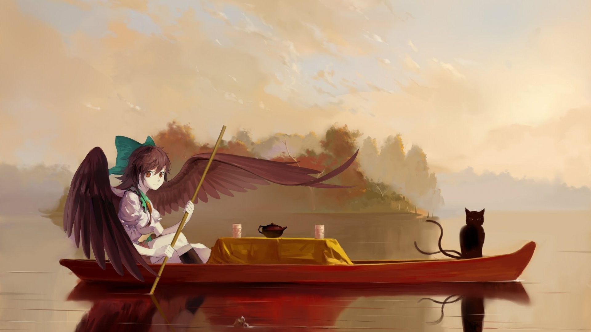 cat, Boat, Wings, River, Tea, Kaenbyou Rin, Reiuji Utsuho, Touhou Wallpaper