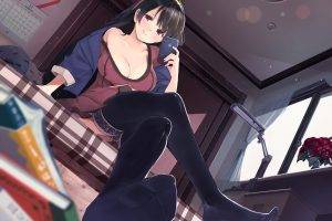 original Characters, Cleavage, Anime, Anime Girls, Bedroom, Thigh highs