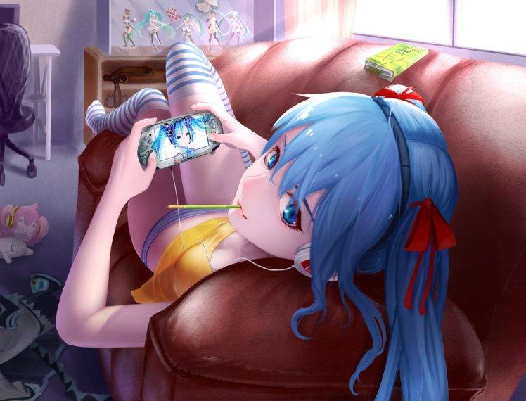 Hatsune Miku, Vocaloid, Striped Panties, Striped Socks, Couch, PSP HD Wallpaper Desktop Background