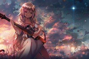 Vocaloid, Anime Girls, Guitar, IA (Vocaloid), Clouds, Grass, Sunset