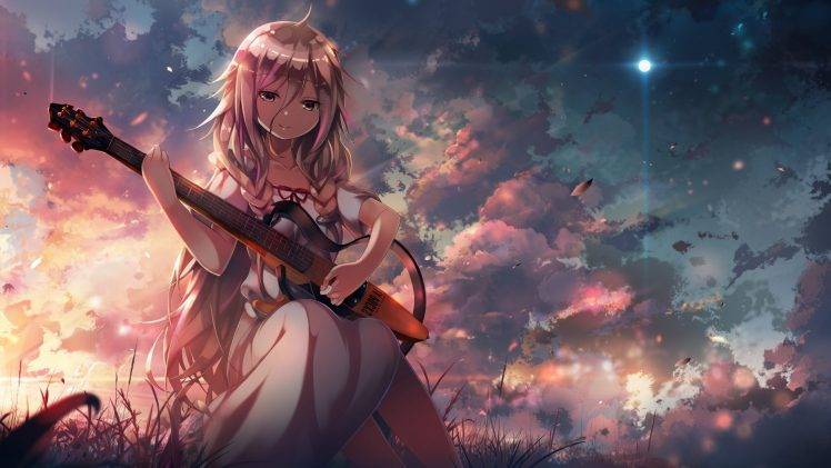 Vocaloid, Anime Girls, Guitar, IA (Vocaloid), Clouds, Grass, Sunset HD Wallpaper Desktop Background