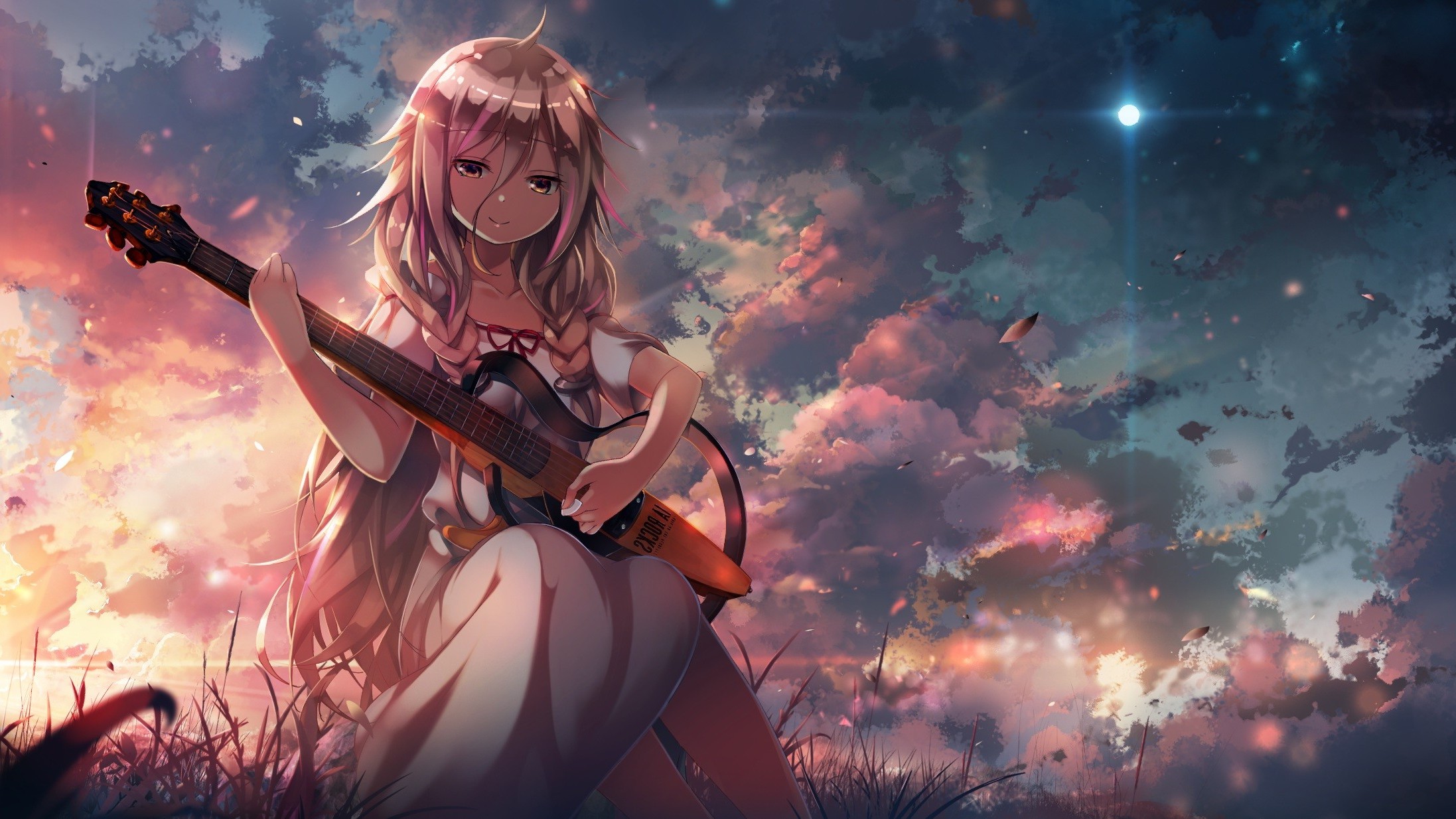 Vocaloid, Anime Girls, Guitar, IA (Vocaloid), Clouds, Grass, Sunset Wallpaper
