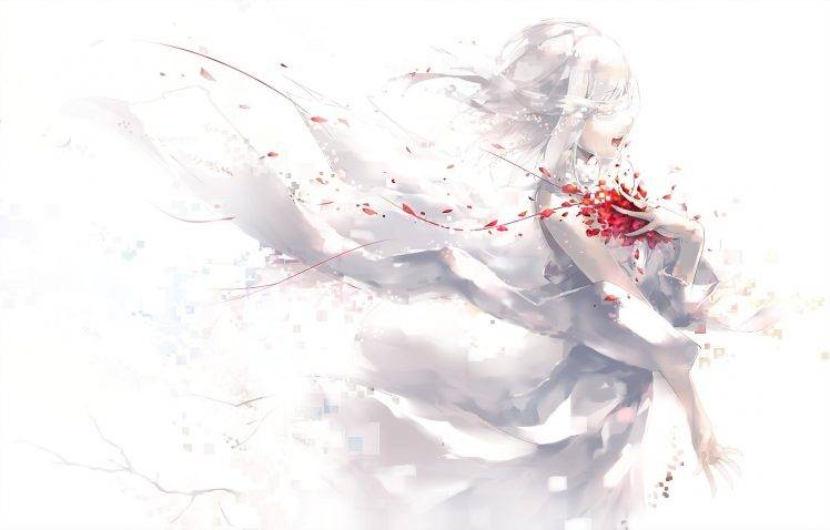 original Characters, White Hair, Bandage, Petals, White, Rose, White Dress HD Wallpaper Desktop Background