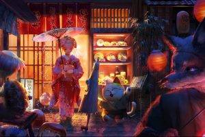 original Characters, Animals, Mask, Kimono, Umbrella, Lantern, Food, Fox, Turtle