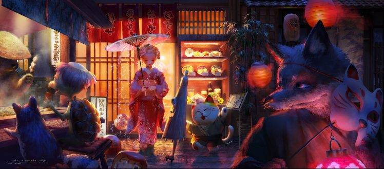 original Characters, Animals, Mask, Kimono, Umbrella, Lantern, Food, Fox, Turtle HD Wallpaper Desktop Background