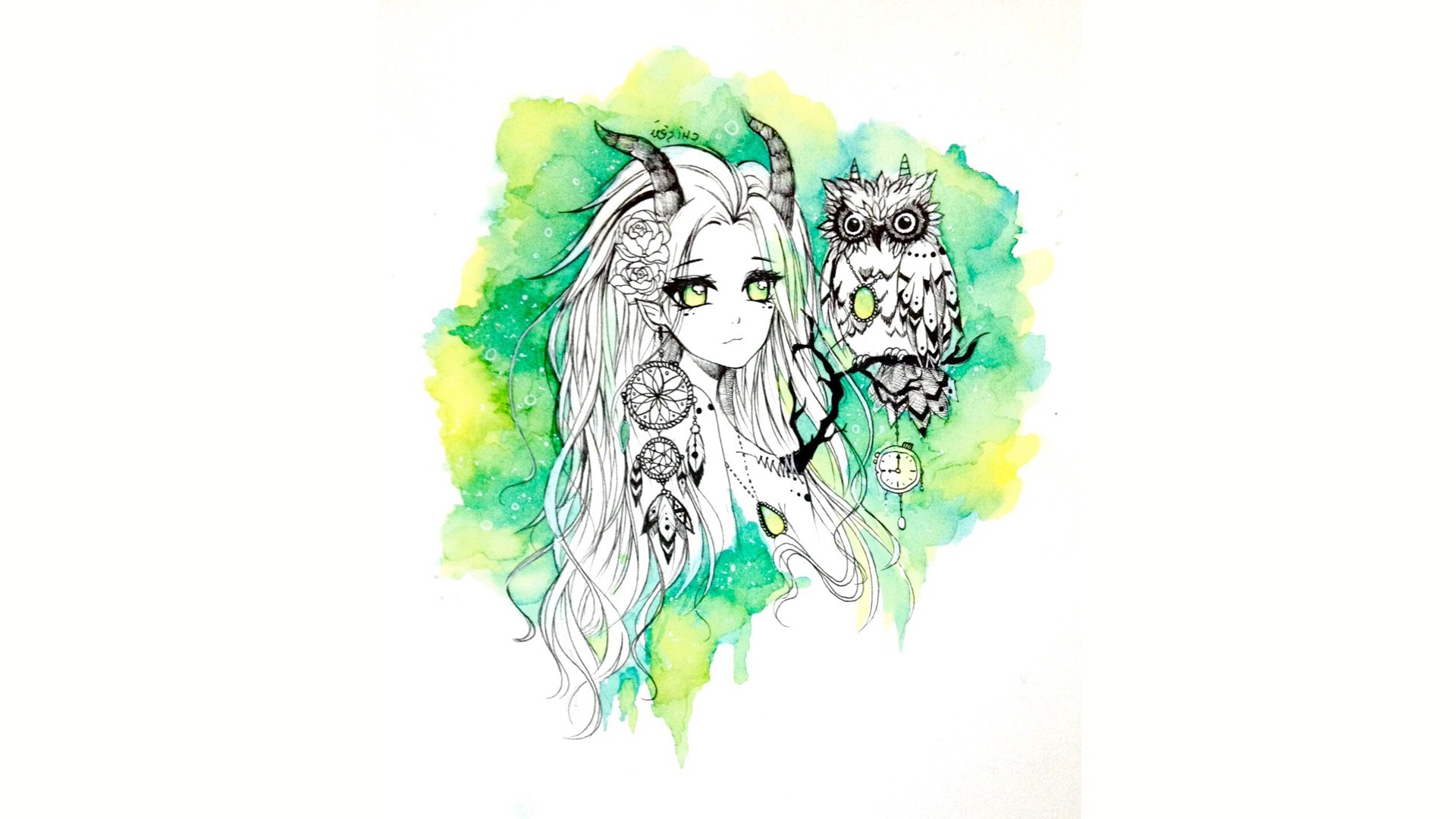 original Characters, Green, Watercolor, Owl Wallpaper