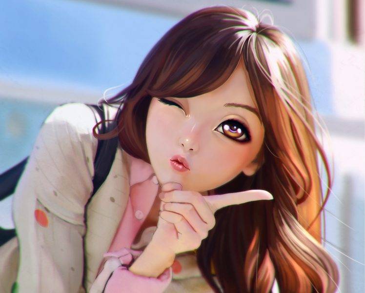 fingers, Face, Eyes, Lips, Hair, Anime, Anime Girls, Winking Wallpapers HD  / Desktop and Mobile Backgrounds