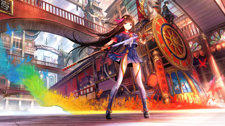 Fuji Choko, Original Characters, Anime, Anime Girls, Artwork, Asian Architecture, Sword HD Wallpaper Desktop Background