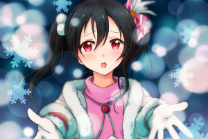red Eyes, Looking At Viewer, Open Mouth, Dark Hair, Love Live!, Yazawa Nico, Twintails, Snow, Winter, Anime, Anime Girls, Jacket, Black Hair