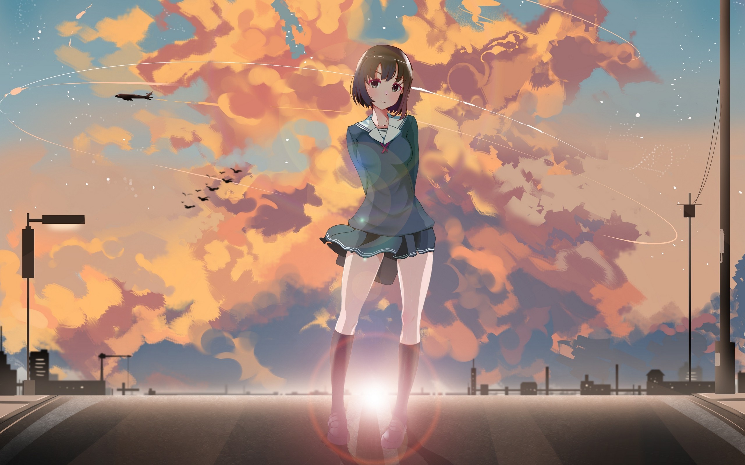 Saenai Heroine No Sodatekata, Katou Megumi, Sunset, Clouds, Airplane, School Uniform, Anime Girls Wallpaper