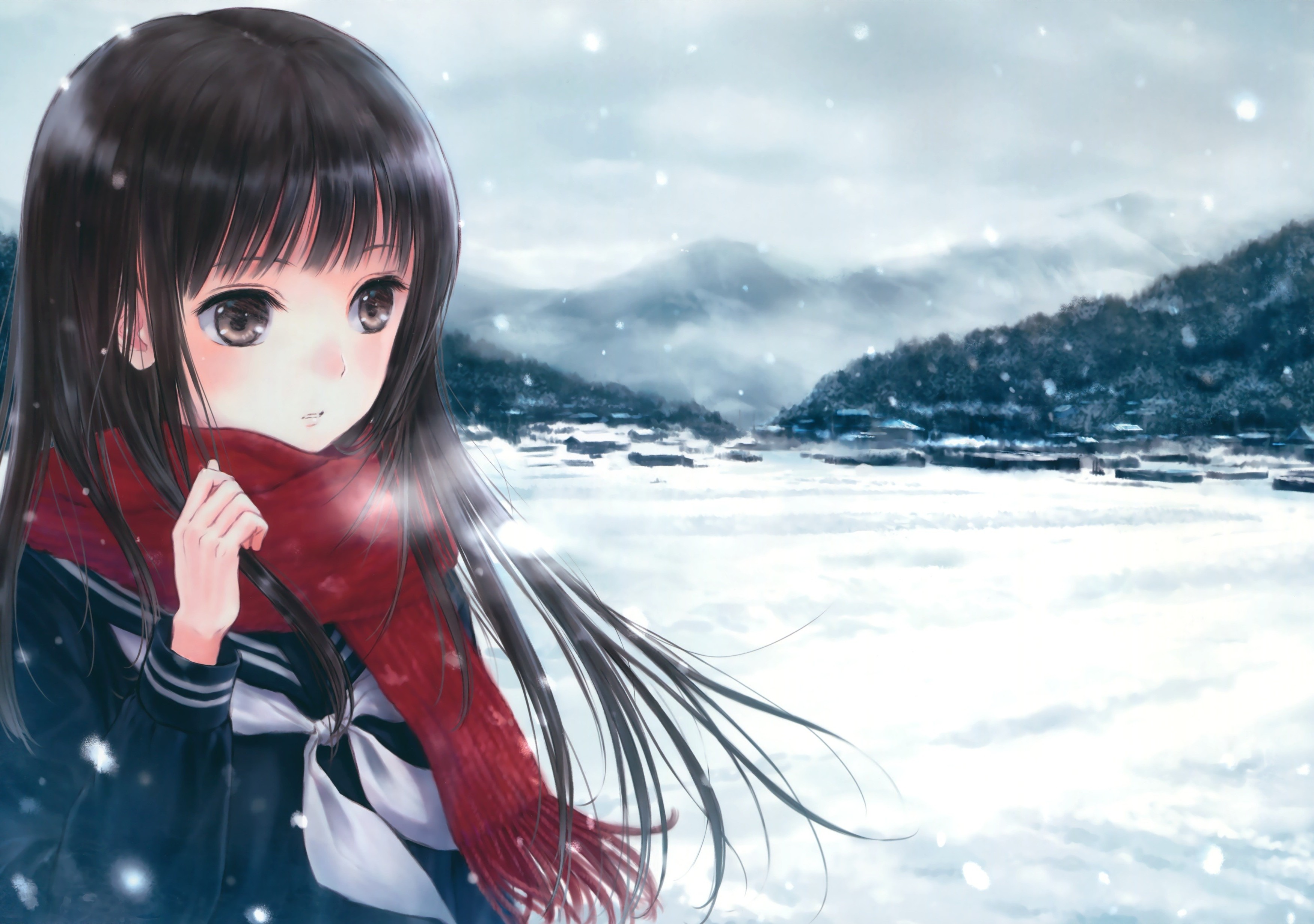original Characters, Anime, Anime Girls, Snow, Scarf, School Uniform Wallpaper