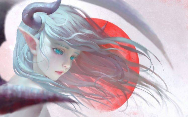 pointed Ears, Blue Eyes, Tears, Blue Hair, Horns, Realistic, Fantasy Art HD Wallpaper Desktop Background
