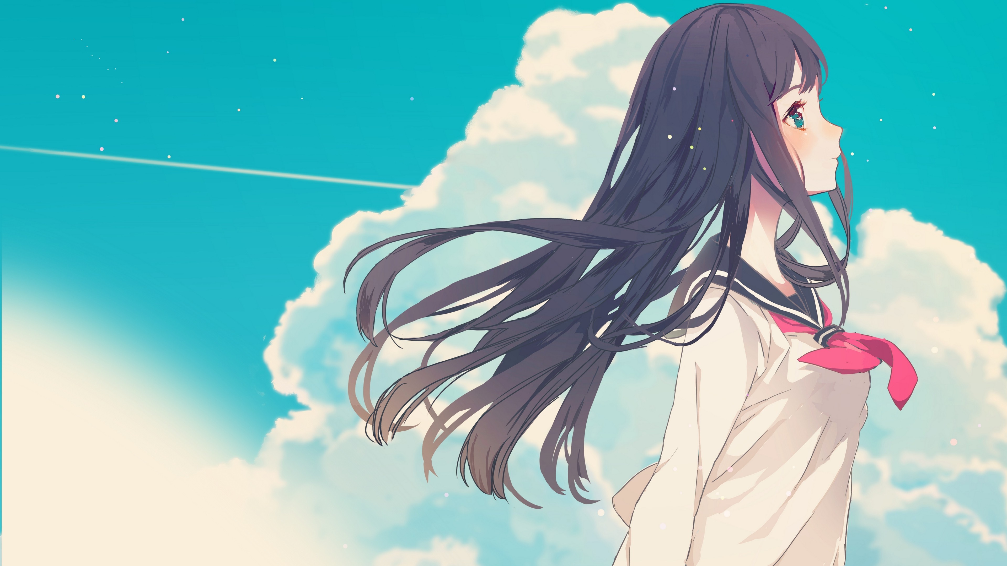 long Hair, School Uniform, Clouds, Sky, Blushing Wallpaper