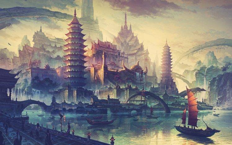 artwork, Boat, Asian Architecture, Fantasy Art HD Wallpaper Desktop Background