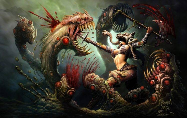 fighting, Hydra, Women, Fantasy Art, Creature, Barbarian HD Wallpaper Desktop Background