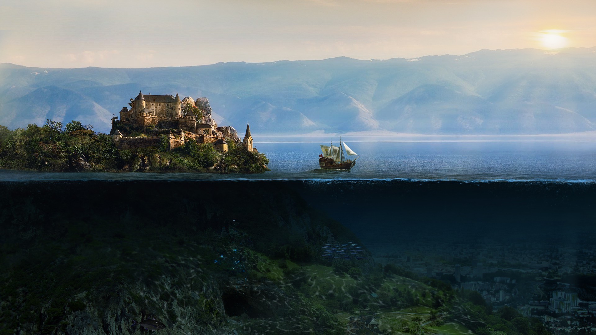 fantasy Art, Underwater, Sailing Ship, Sunken Cities, Split View Wallpaper