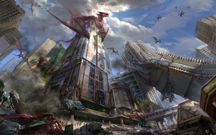 fantasy Art, Dragon, Destruction, Jet Fighter HD Wallpaper Desktop Background