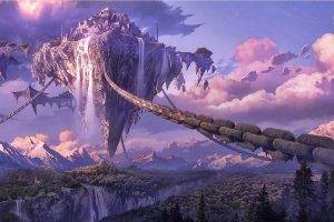 fantasy Art, Artwork, Digital Art, Chains, Waterfall, Forest, Clouds, Mountain, Floating Island