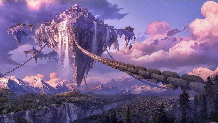 fantasy Art, Artwork, Digital Art, Chains, Waterfall, Forest, Clouds, Mountain, Floating Island HD Wallpaper Desktop Background