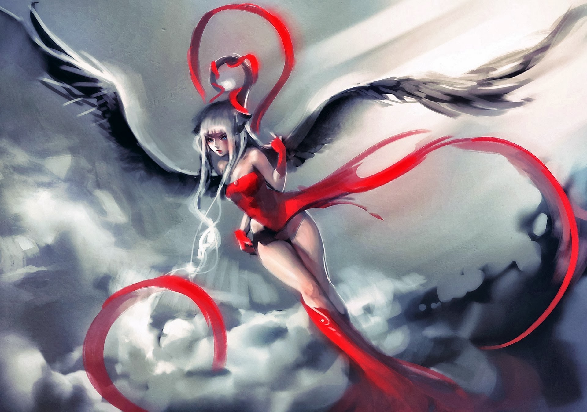 wings, Red Dress, Fantasy Art Wallpaper